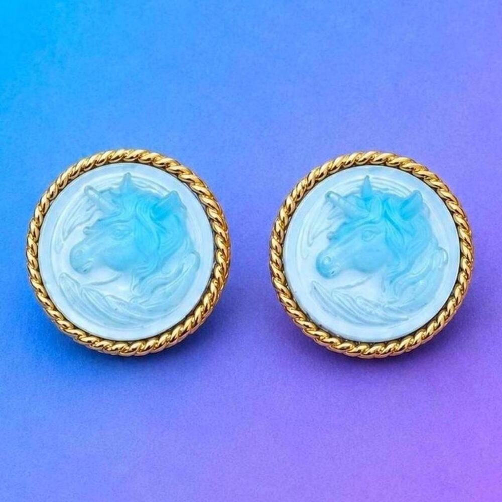 kirks folly inspired blue celestial unicorn cameo stud earrings
